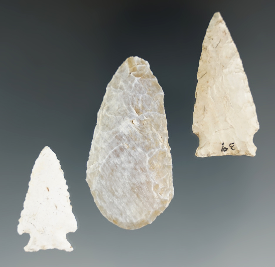 Set of three flaked artifacts found in Utah, Colorado and Wyoming. Largest is 1 15/16".