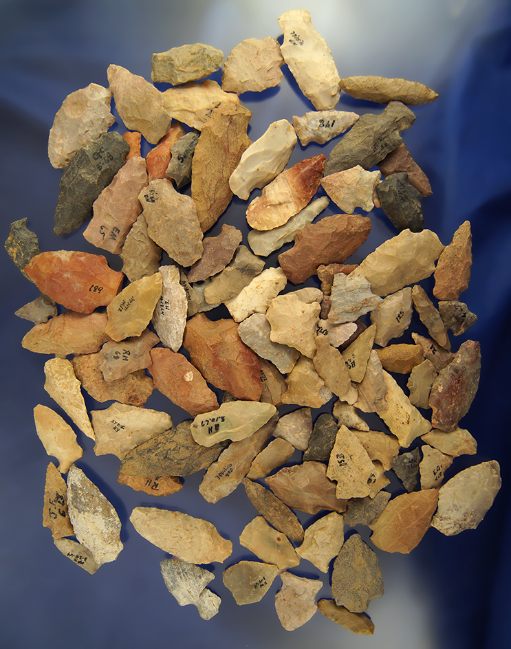 Large group of 100 assorted Arrowheads found in Greenup Co., Kentucky - Judge James Claxon collectio