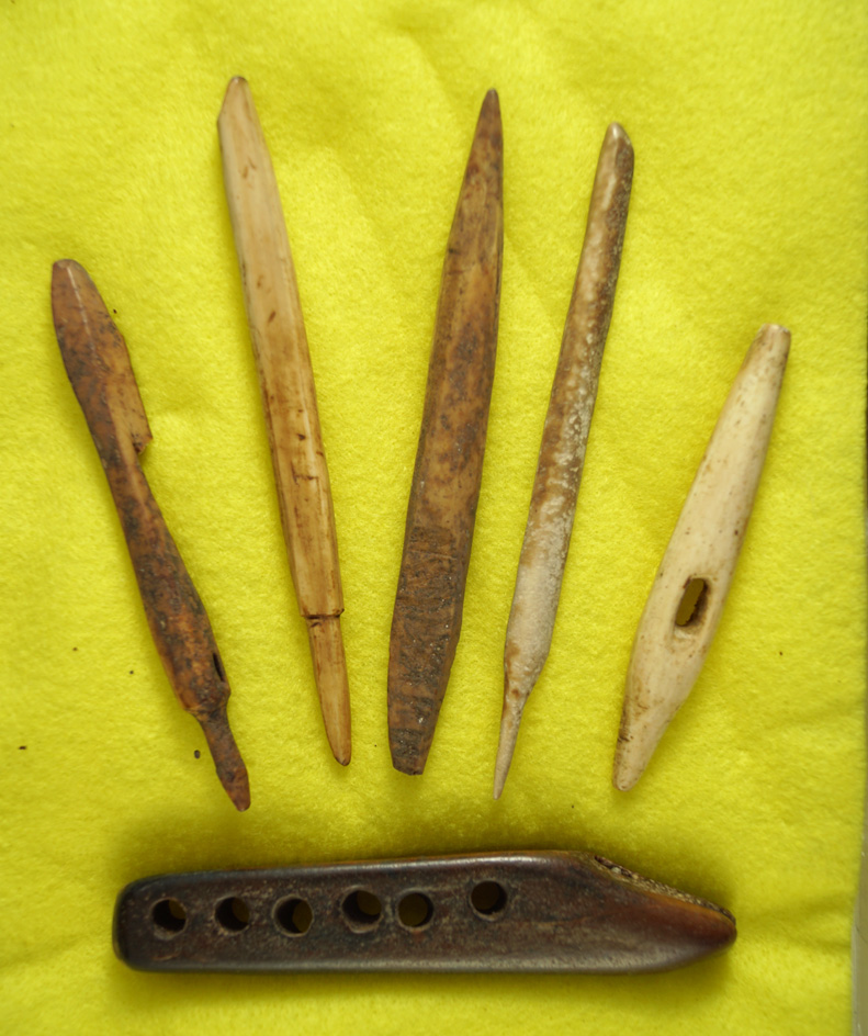 Group of six assorted Alaska bone artifacts, largest is 4 5/8".