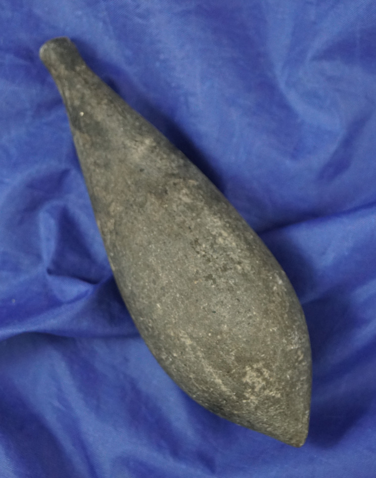 4 5/8" California Charmstone/Plummet found near San Jose California - very heavily patinated.