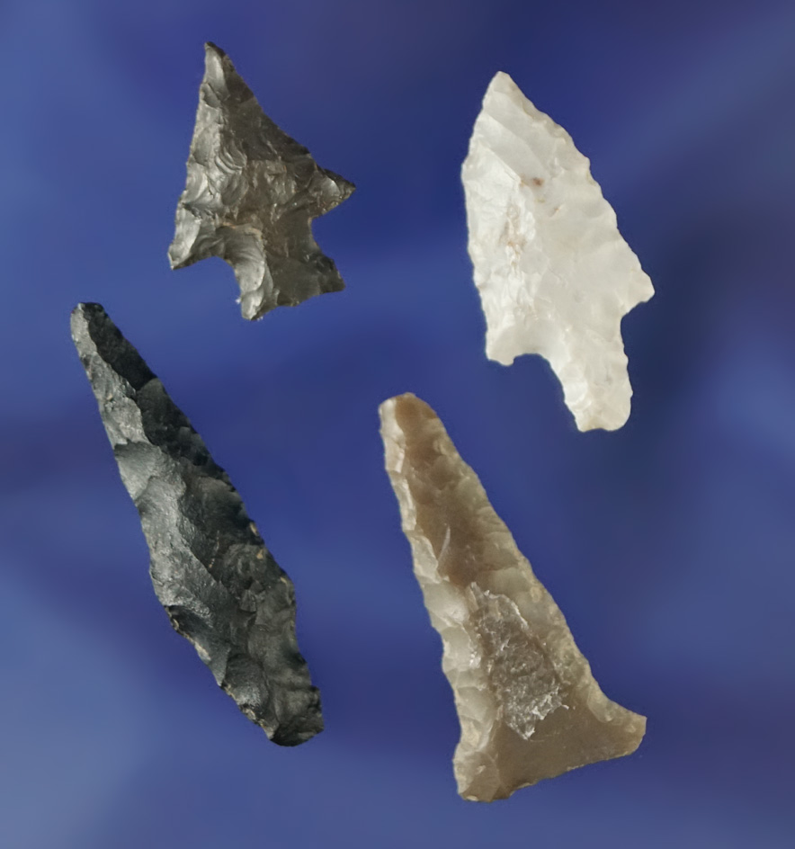Set of four nice arrowheads found by Kaye Don Bruce near the John Day Rapids, Klickitat Co., WA.