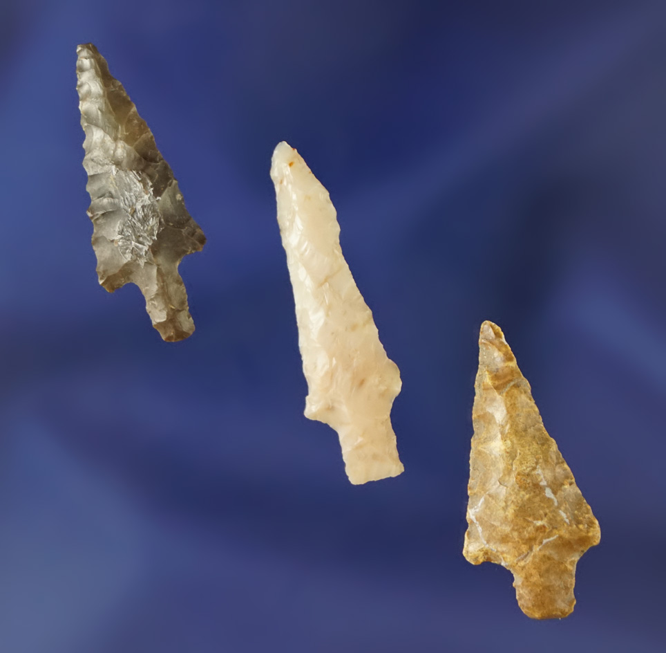 Set of three Columbia River Gempoints, largest is 1 1/4". Found by Kaye Don Bruce - Washington.