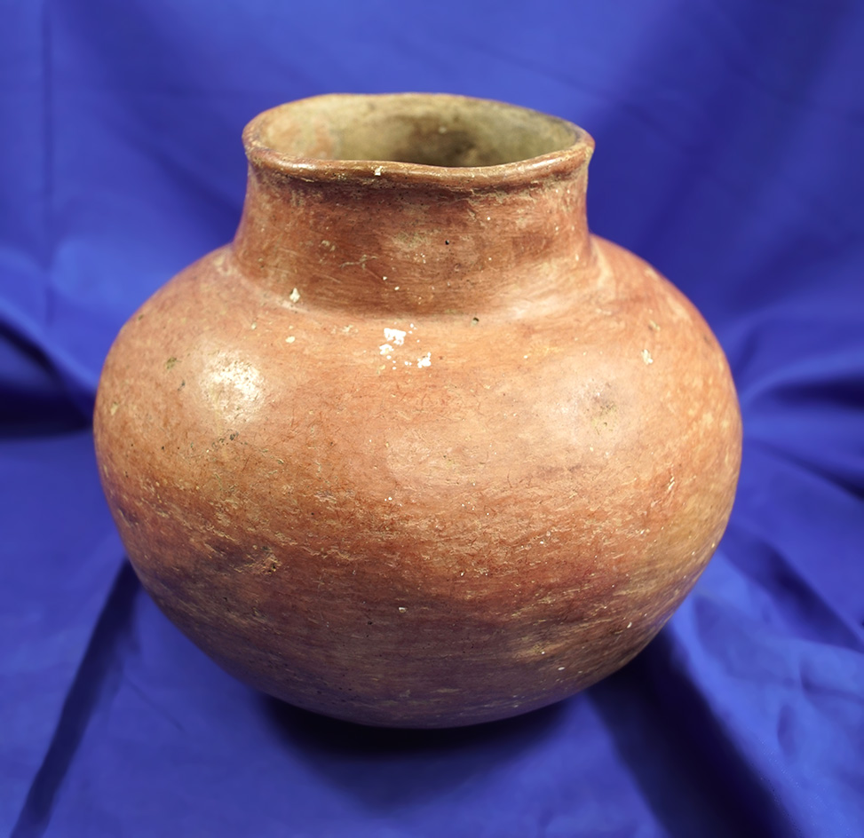 6 1/4" tall by 6 1/2" wide Mississippian Redware Shortneck Bottle found in Arkansas.