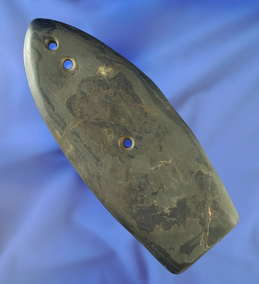 6" Dark Green Slate 3 Hole Sandal Sole Gorget - Ohio. In nice condition - well patinated. Ex. Ellema