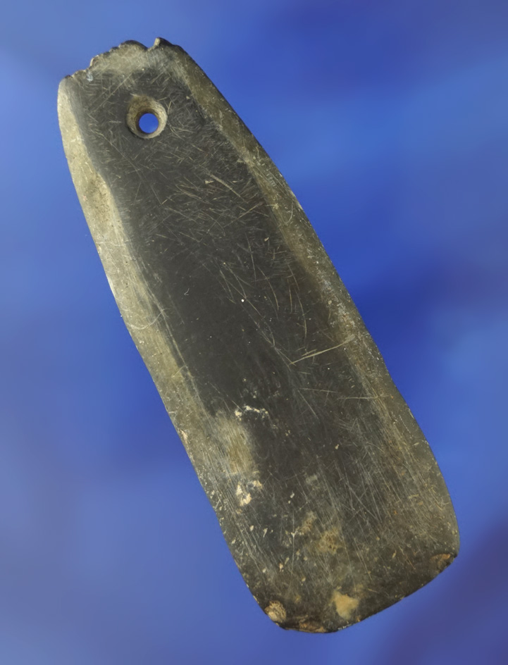 3 13/16" black slate Pendant found in Blair Co.,  New Jersey with tally marks at the top end.