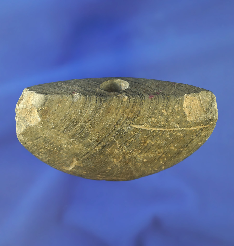 3 3/4" heavily patinated banded slate Bannerstone found in Ohio.