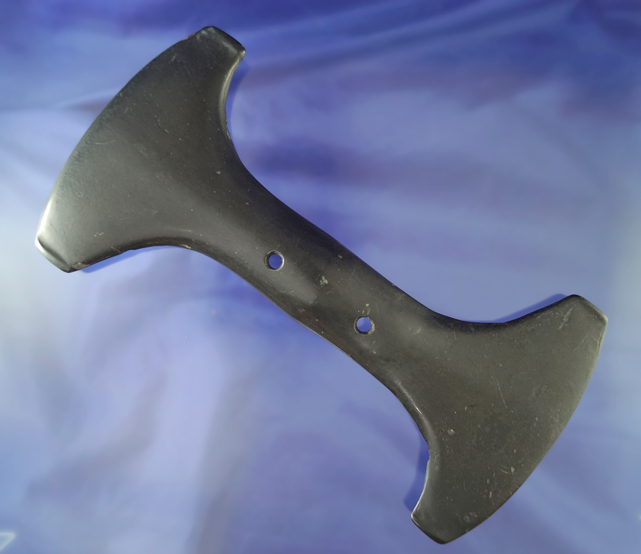 Extremely rare and exceptionally large 8" long Cannel Coal Constricted Center Gorget 2/3 restored.