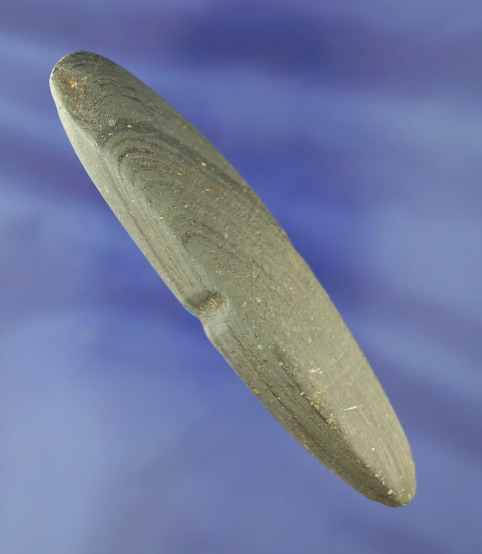 4 3/16" center grooved Elliptical Atlatl Bar Weight - nicely patinated banded glacial slate.  Ohio.
