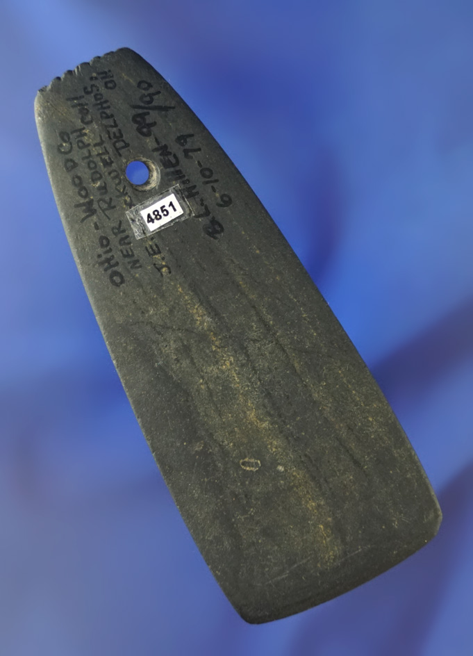 4 5/16" Trapezoidal Pendant with a fringed top. Found near Rudolph, Wood Co., Ohio. Ex. Elleman.