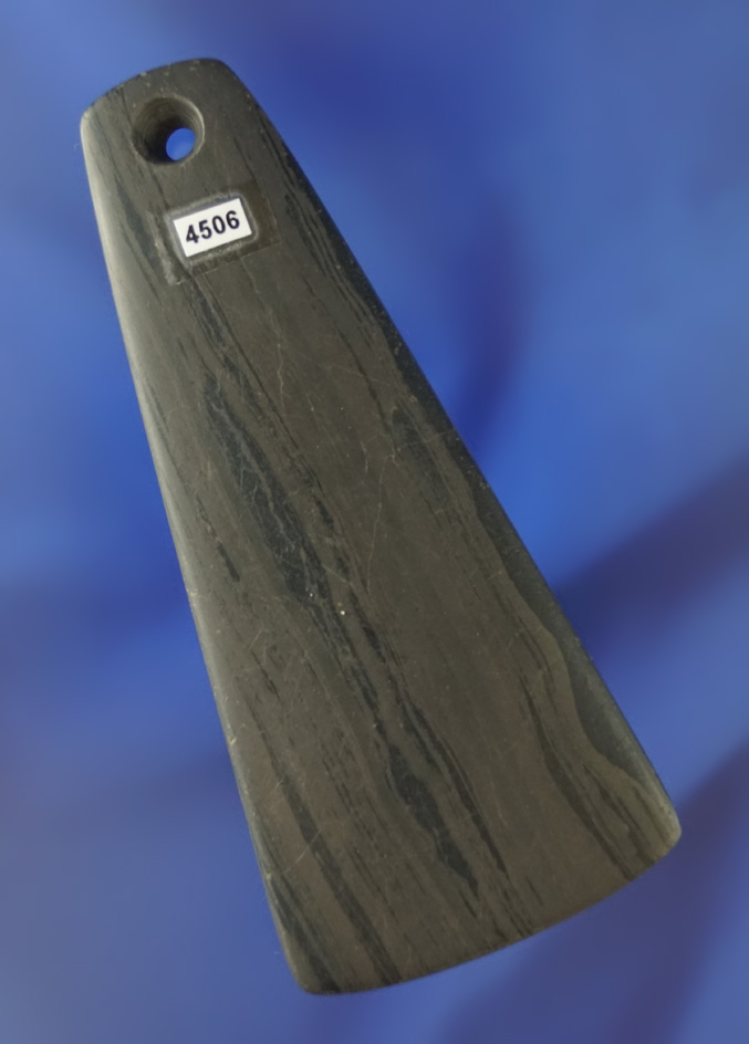 3 15/16" Trapezoidal Banded Slate Pendant found in Ohio. Elleman.