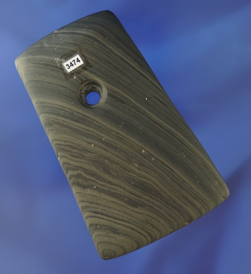 3 1/2" Pendant found in Randolph Co., Indiana. Nicely polished highly Banded Slate. Elleman.