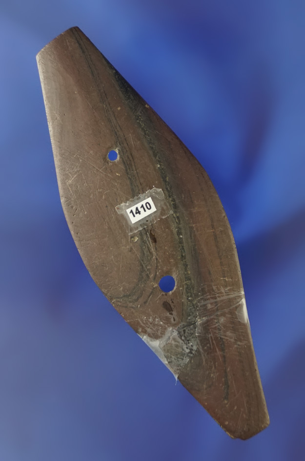 4 1/2" Red Banded Slate Expanded Center Adena Gorget -  Montgomery Co., Ohio. Elleman.