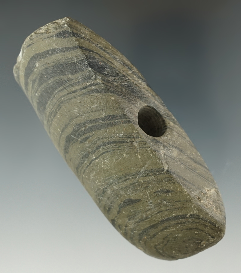 3 5/8" Double Axe Bannerstone with ancient damage to one side found in Richland Co., Ohio.