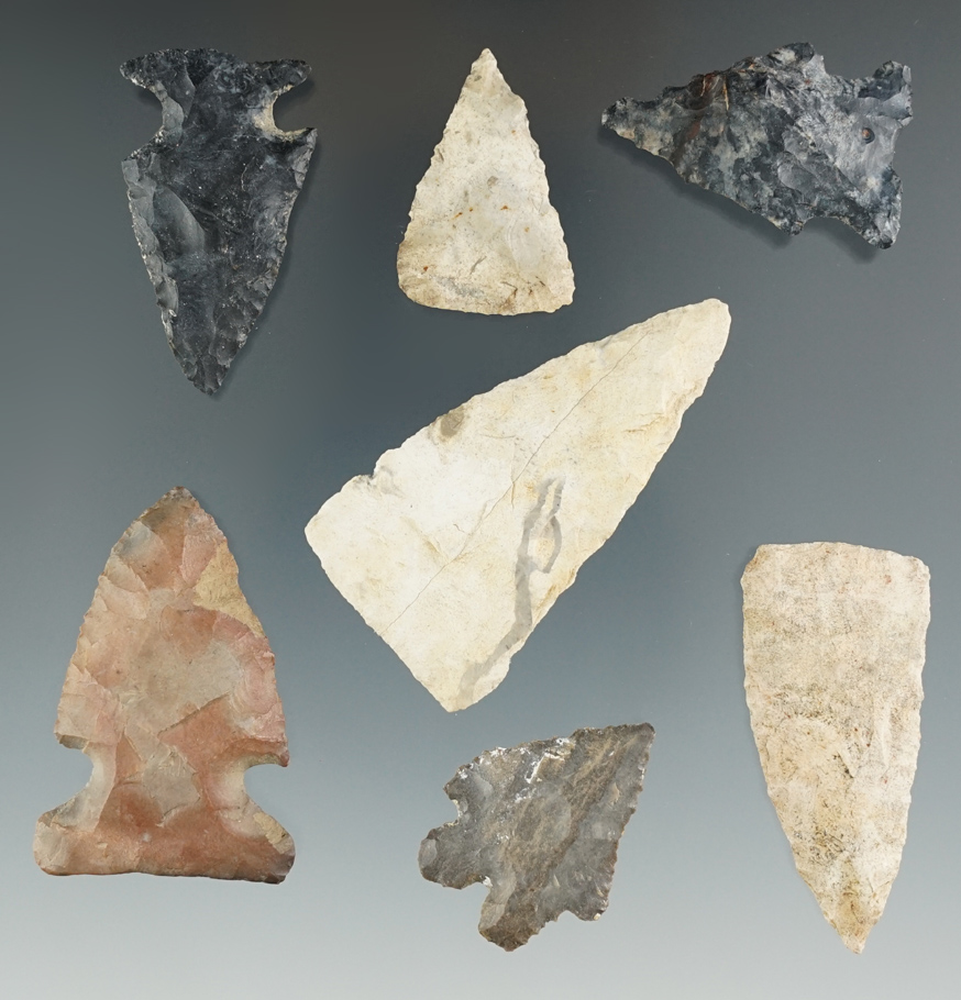 Group of seven nice Michigan points, largest is 2 1/16".