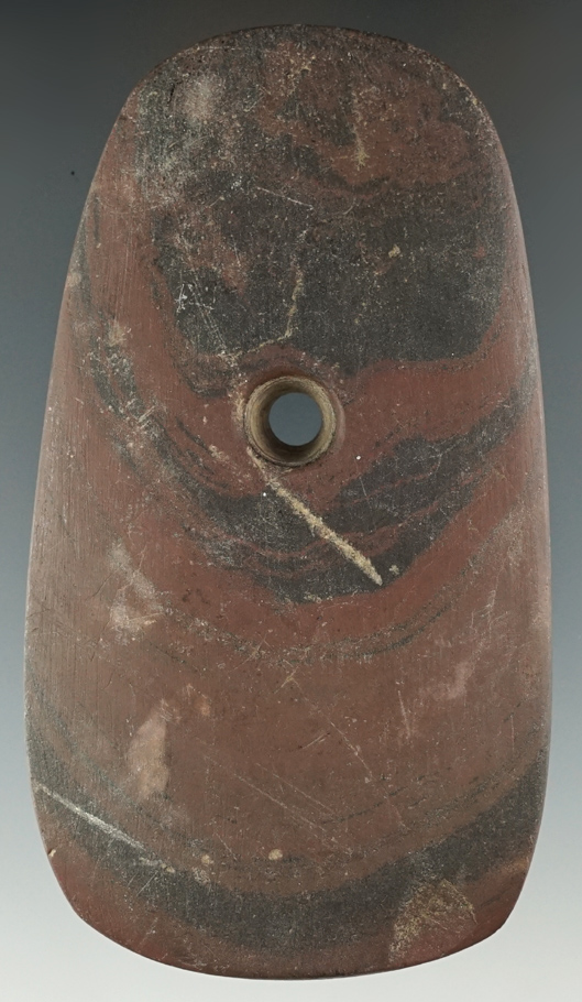 4 1/16" Ovate Pendant made from red and black Mottled Slate, found in Jackson Co., Michigan.