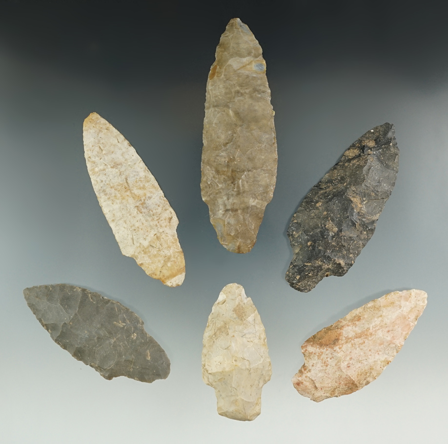 Nice set of six Adena points found in Hillsdale Co., Michigan, largest is 4".