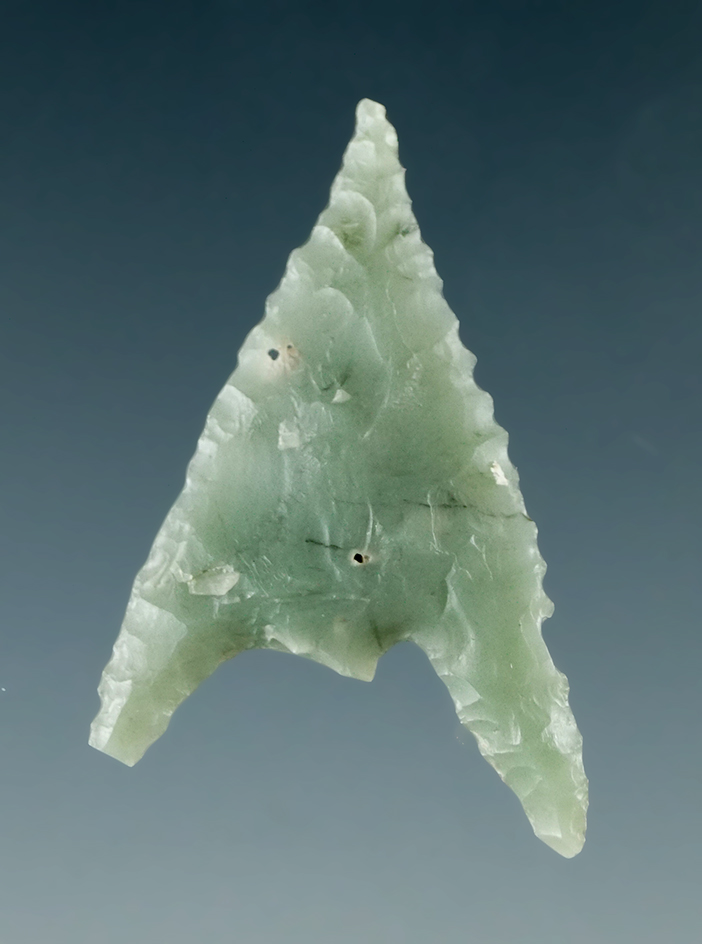 1 1/8" Gunther point made from green Franciscan Chert found in Northern California.