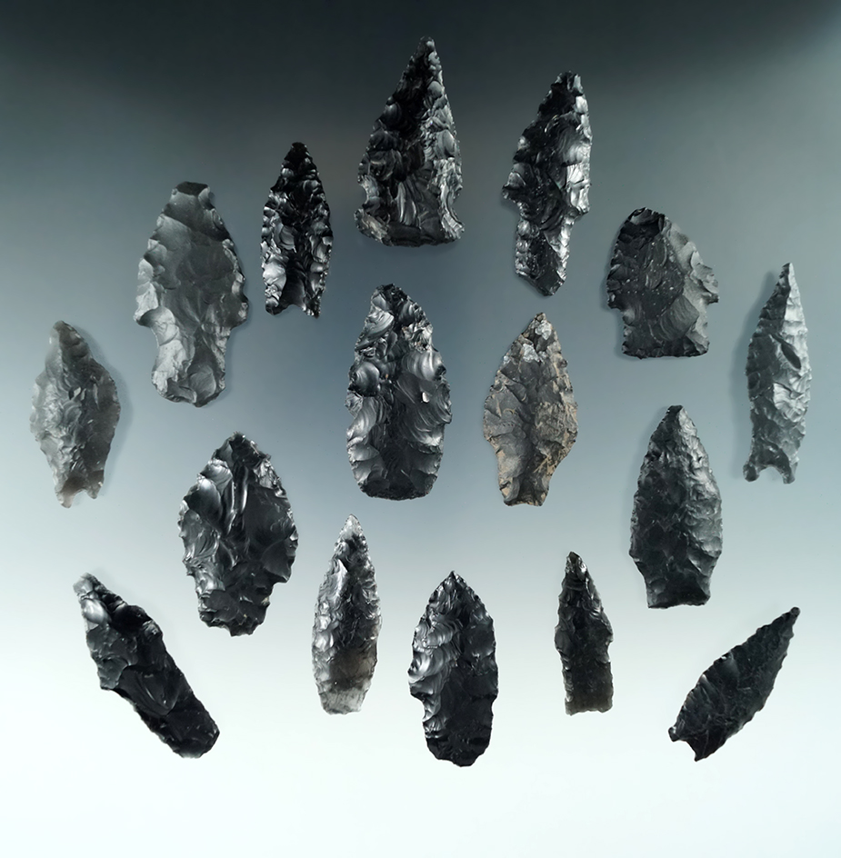 Group of 16 assorted Obsidian arrowheads found in Nevada, largest is 2 1/16".
