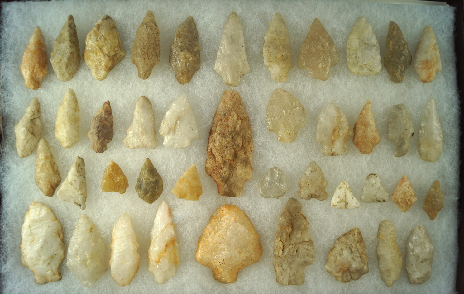 Group of approximately 42 Quartz arrowheads found in New Jersey. Largest is 2 5/8".