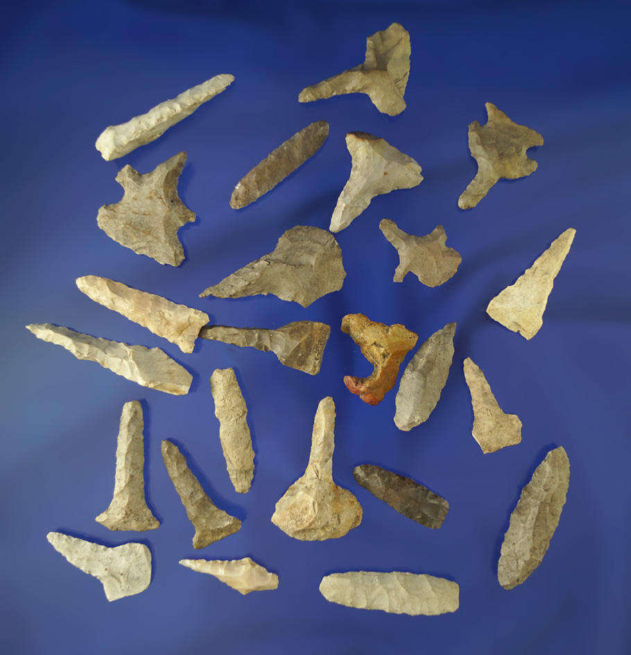 Set of approximately 24 assorted Flint Drills and perforators found in Michigan, largest is 2". Waige