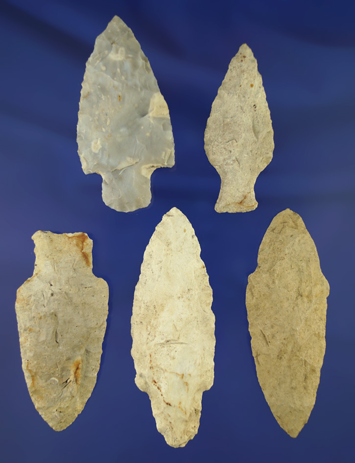 Set of five Adena culture arrowheads, largest is 3 5/16" collected prior to 1950 found in Michigan.