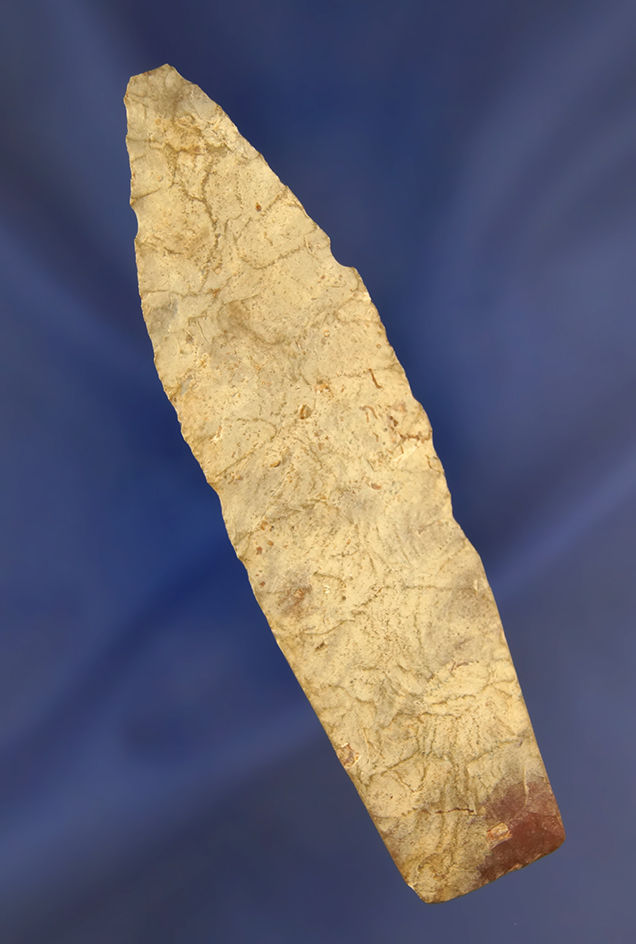 4 1/4" heavily patinated Agate Basin found in Michigan, heavily ground lower edges.