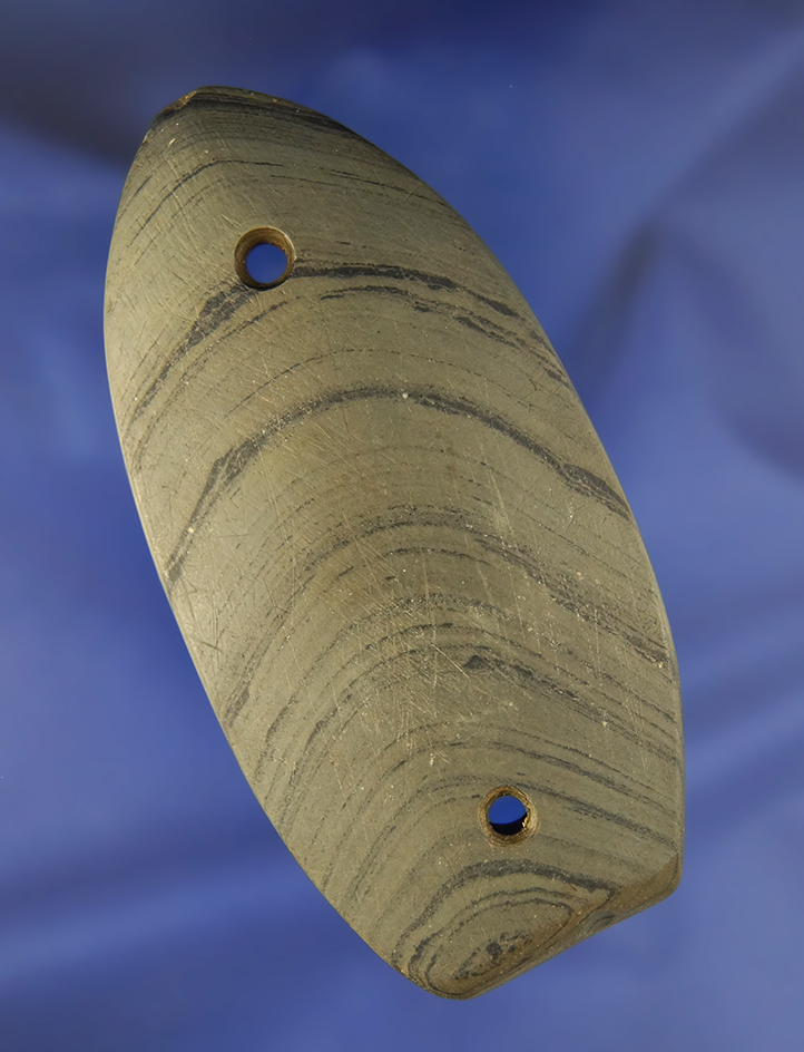 4" Banded Slate Glacial Kame Gorget found in Ohio. Ex. Dr. Baker Collection.