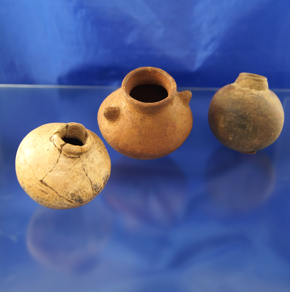 Set of 3 Prehistoric Miniature Pots, all around 3" tall. One has been broken and glued.