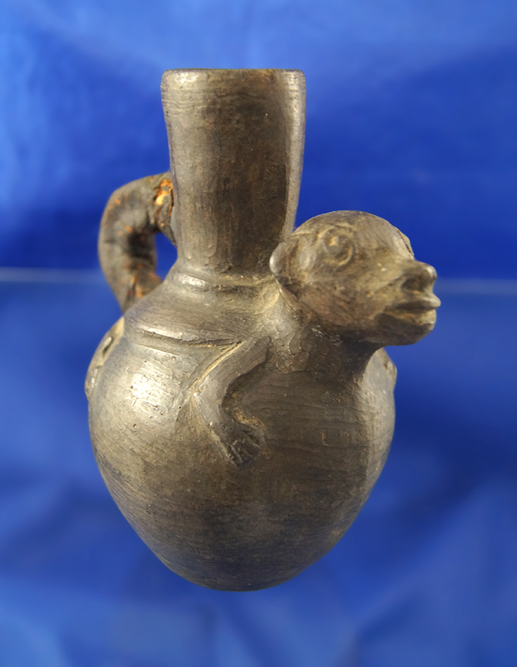 4 3/4" tall Handled Pre-Columbian Effigy Pot. The handle has been restored.
