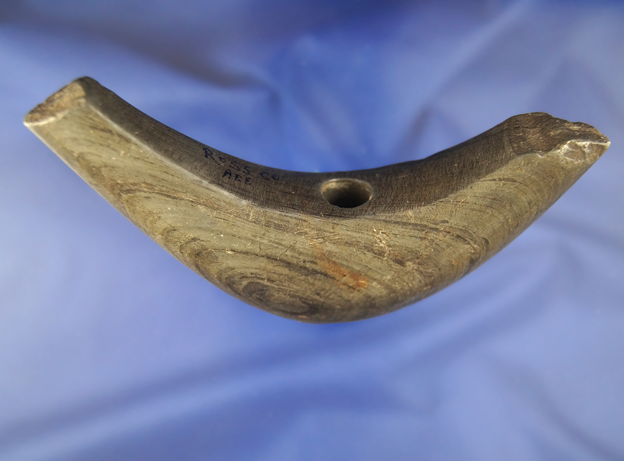 5 1/4" Lunate Bannerstone made from Banded Slate and found in Ross Co., Ohio.