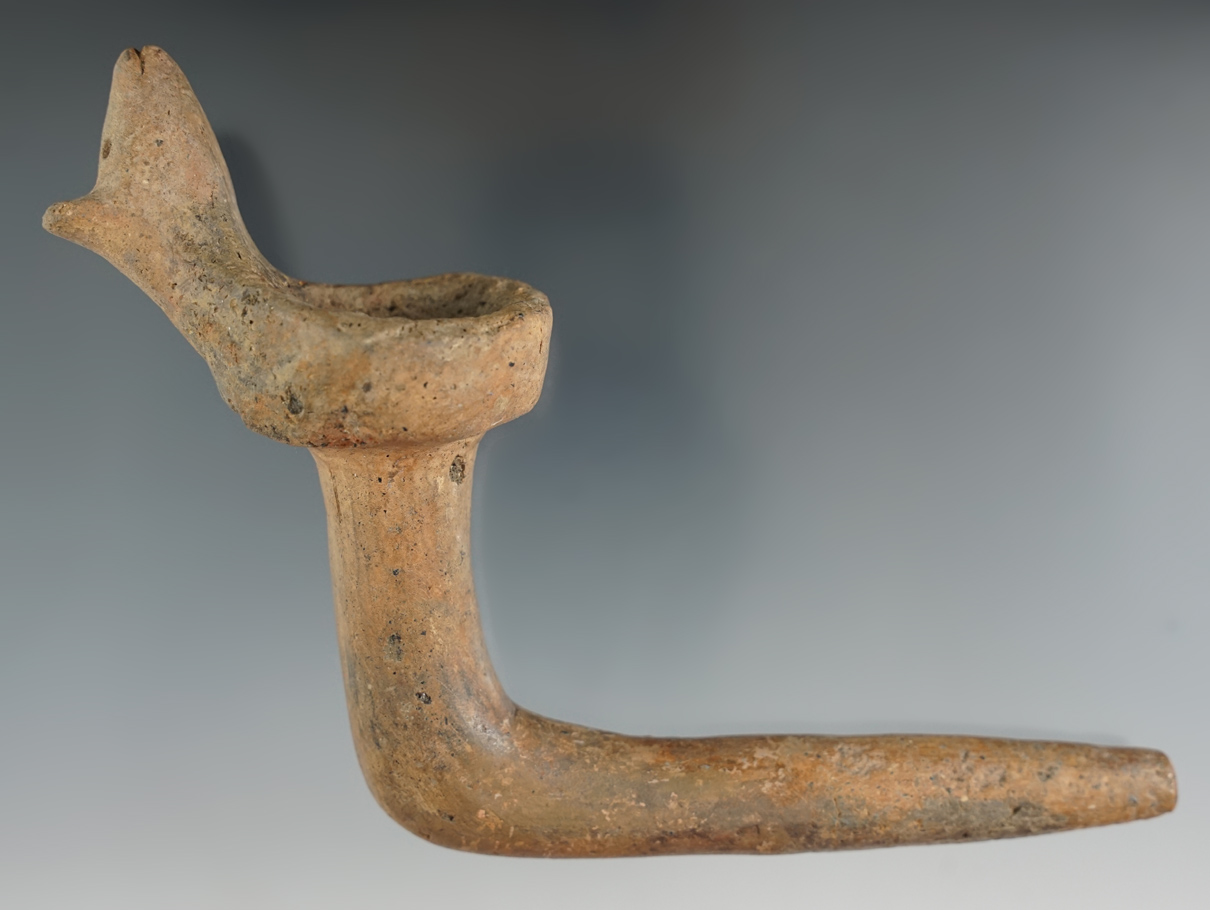 Unique 6" long x 4 3/4" tall Bear Effigy Iroquois Clay Pipe with  restoration. Found in New York.