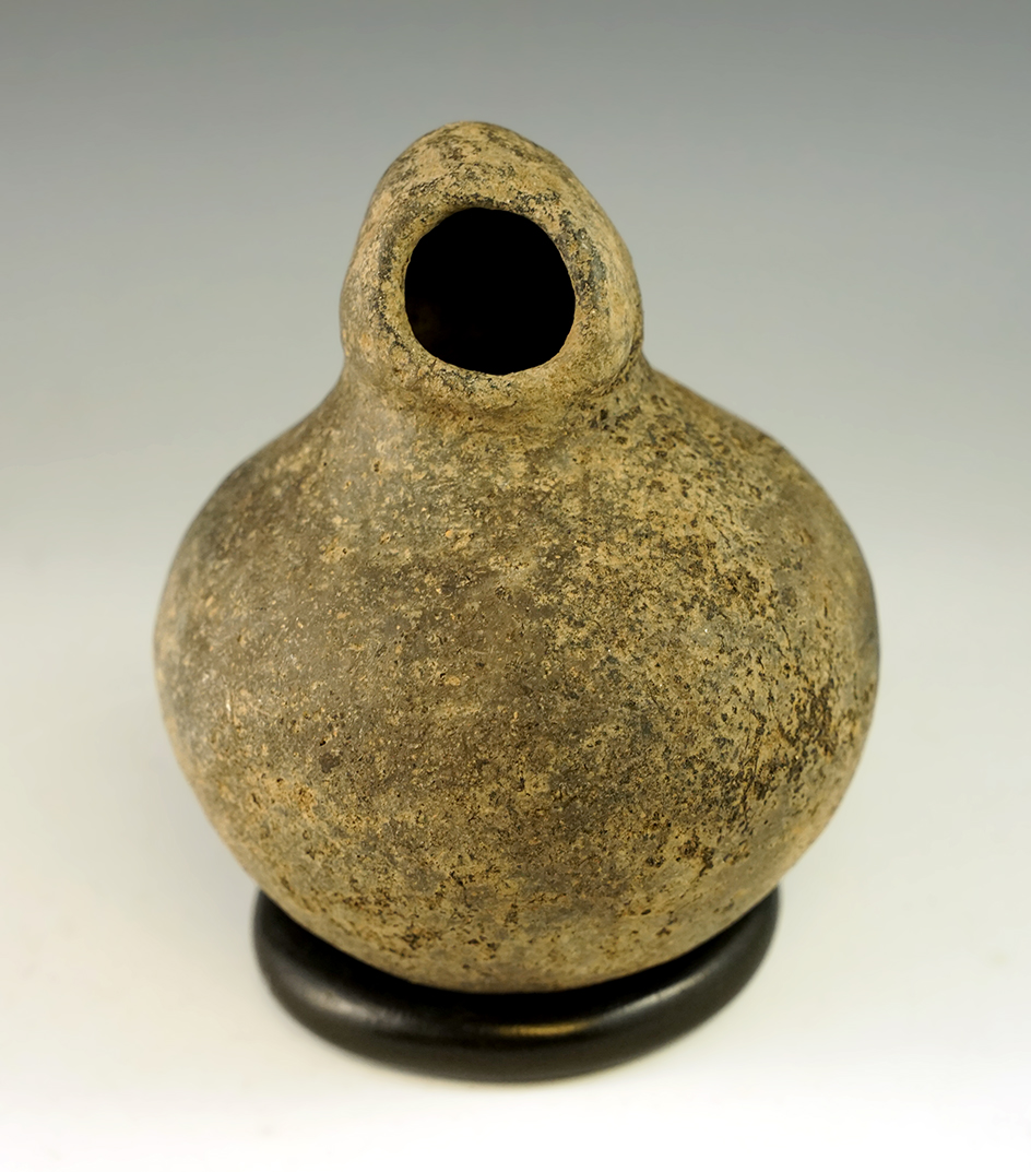 5 3/8" x 4 3/8" Mississippian Hooded Bottle with a face effigy on top. Scott Co., Missouri.