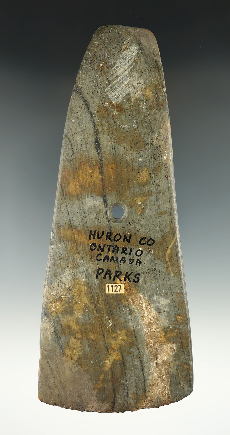 Pictured! 6 7/8" Long Fringed Pendant with two restored corners. Found in Huron Co., Ontario.