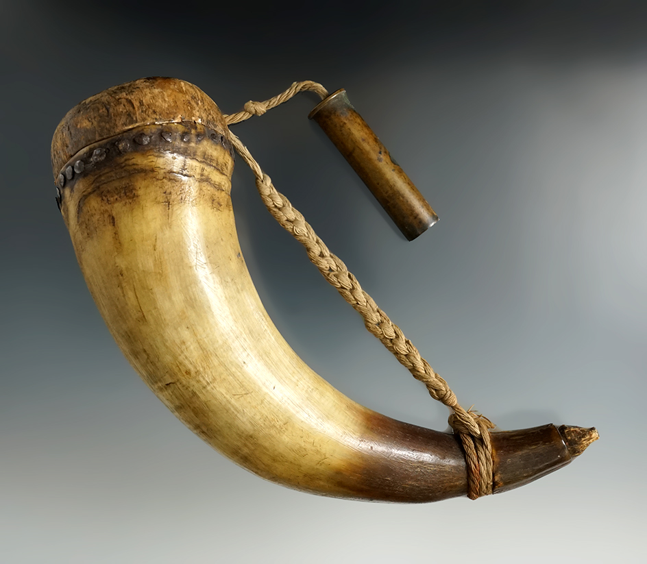 Vintage horn and wood powder flask.