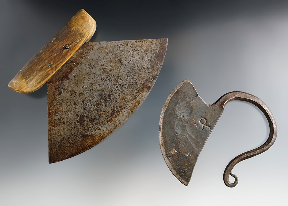 Pair of vintage Ulu style metal knives, one has a bone handle. Largest is 5 7/8" wide.