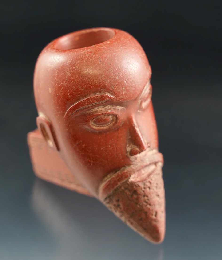 Pictured! 2 5/8" Tall highly detailed Catlinite pipe found in  NY with the effigy of a fur trapper.