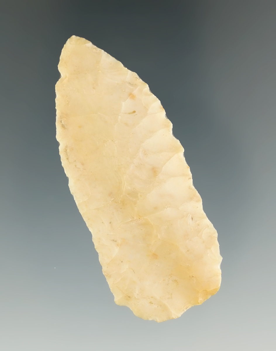 Very thin 2 7/16" fluted Paleo Knife made from a flake of Flint Ridge Flint.  Lenawee Co., Michigan.