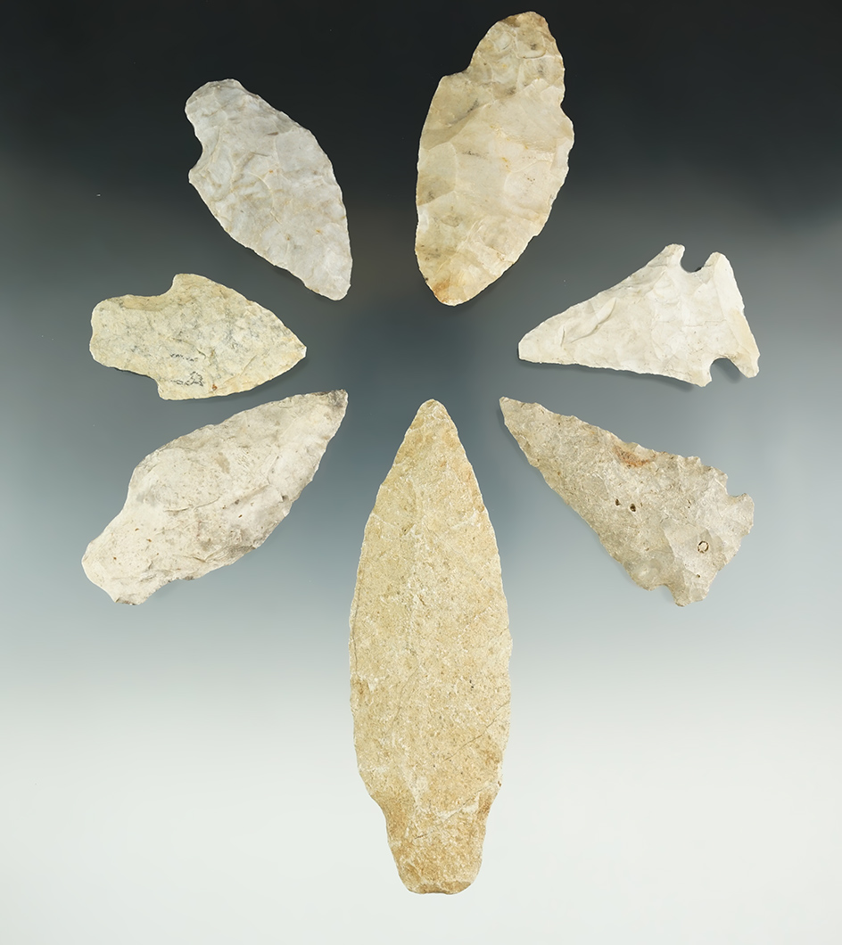Group of seven assorted points and knives found in Hillsdale Co., Michigan, largest is 4 1/8".