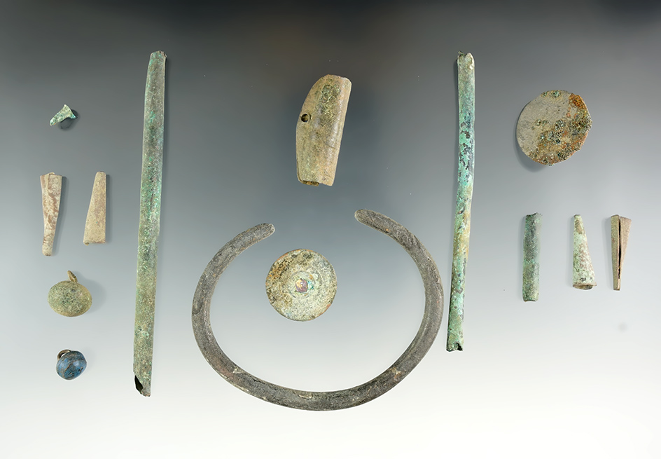 Group of 13 assorted metal historic trade items found near the Columbia River, Oregon.