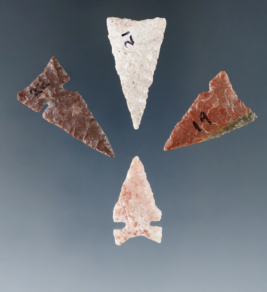 Set of four arrowheads found in the Plains region, largest is 1 1/16".