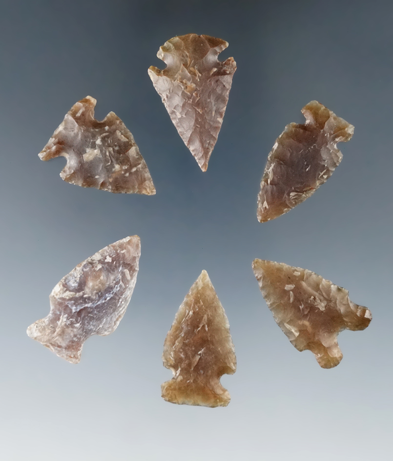 Set of six Knife  River Flint arrowheads found in the Dakotas, largest is 1 1/4".