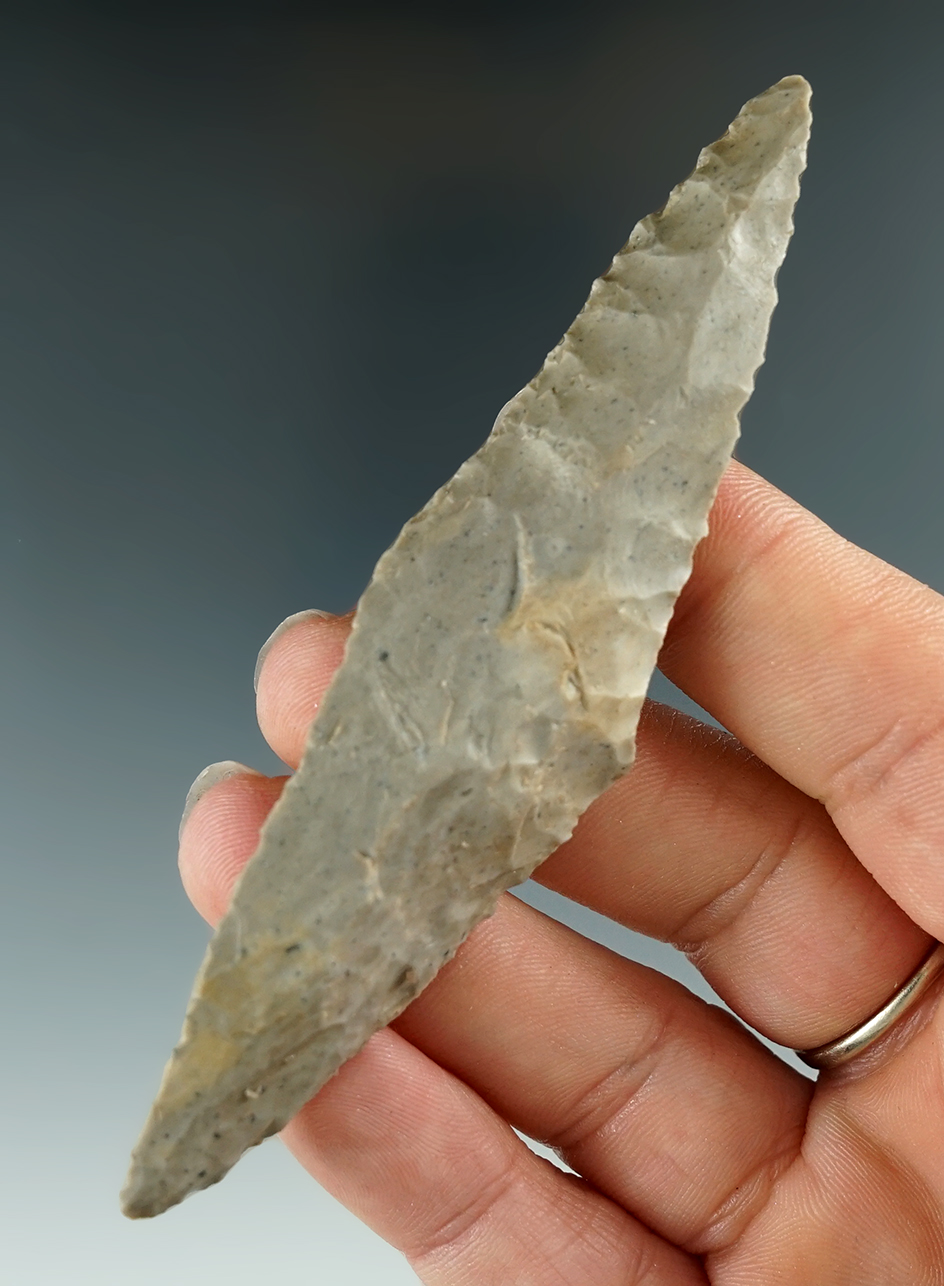 Heavily resharpened 3 7/8" Harahey Knife that is steeply beveled into a twist form. Oklahoma.