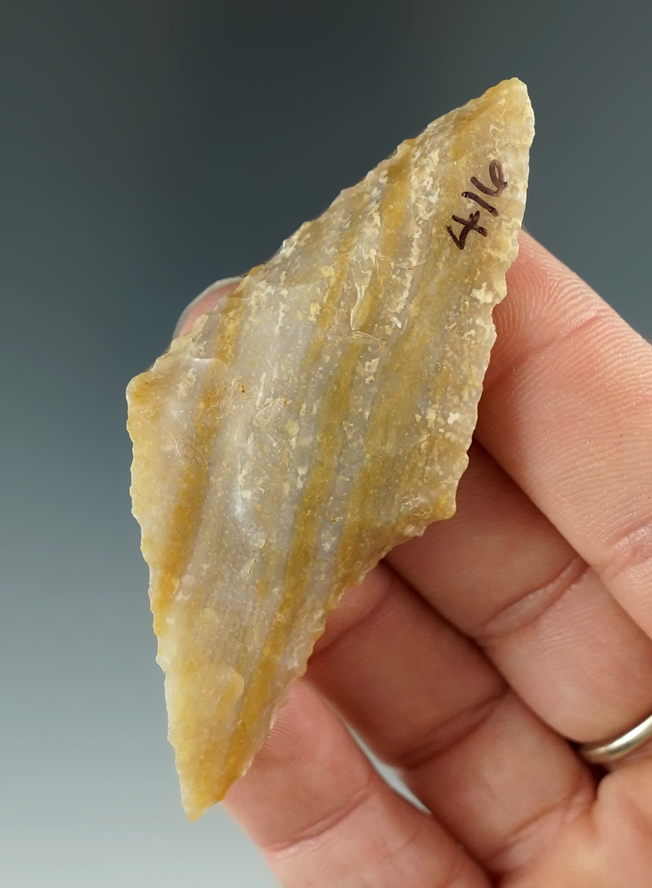 2 13/16" Deeply Beveled Harahey Knife made from beautifully banded Agate found in Colorado.