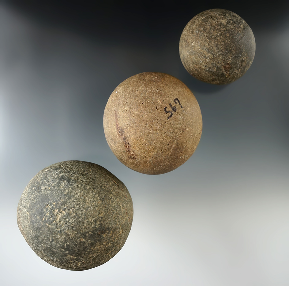 Set of three Hammerstones and Game Balls, largest is 3" diameter.