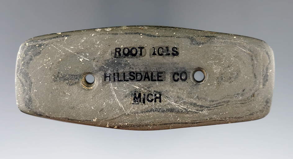 3 7/8" Woodland Gorget made from Banded Slate and found in Hillsdale Co., Michigan.