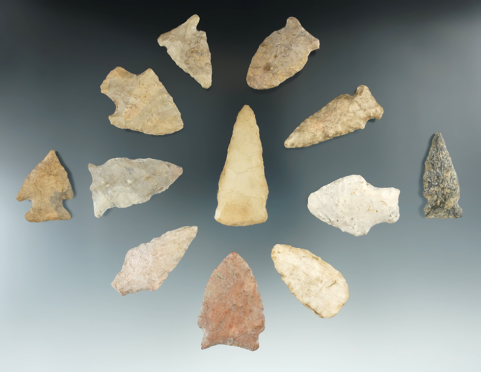 Group of 12 Midwestern stemmed points, largest is 2 1/4".