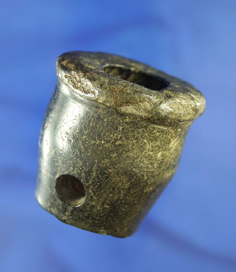 Nicely styled 2 1/8" tall Steatite Pipe with some restoration to hole in base found in Michigan.