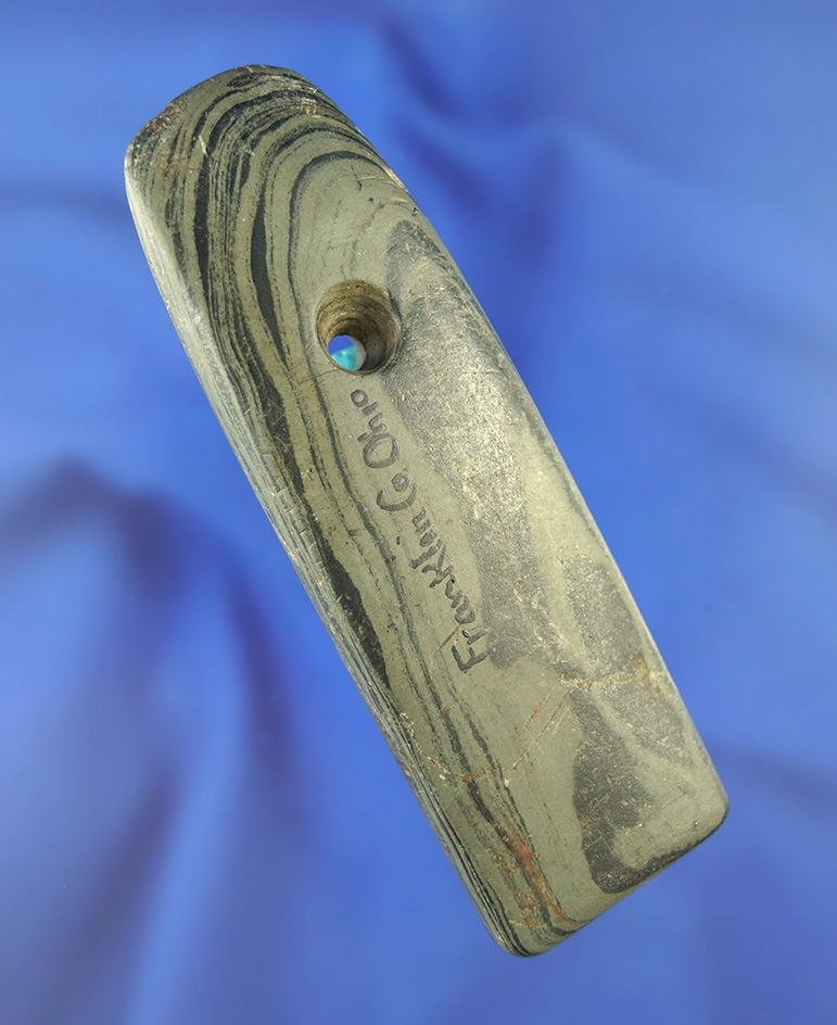 3 13/16" uniquely styled drilled banded slate Pendant found in Franklin Co.,  Ohio.