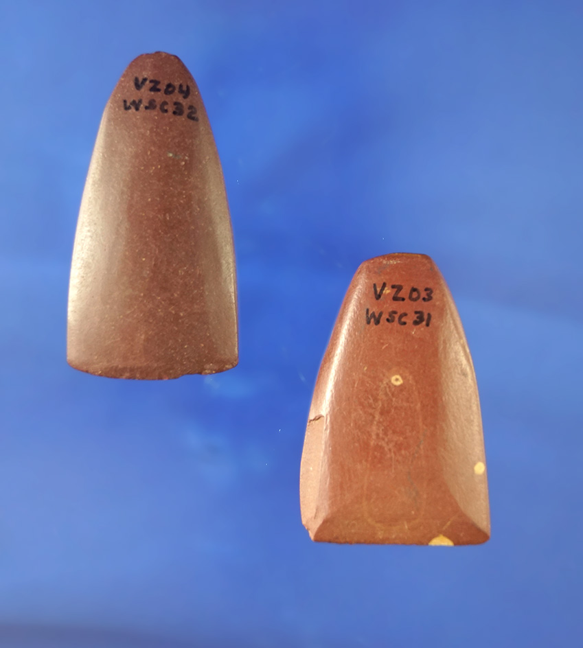 Miniature Celt and miniature Adze, largest is 2 5/16" both found at Glover's Cave. Ex. Vietzen.