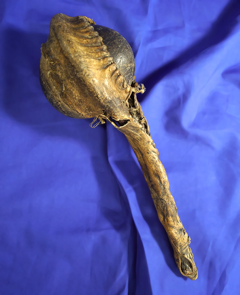 10 1/2" long original stone clubhead with sinew sewn leather - appears to have broke during use